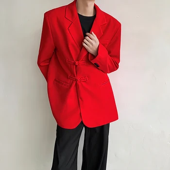 Nový Čínsky Červený Oblek, Sako pánske jednofarebné Zase dole Golier Vyhovovali Štýlový Voľné Blejzre Mens Streetwear Ležérne Sako