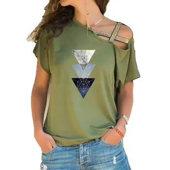 Roztomilý Geometrické Estetické Trend Tlač Zábavné Teeshirt Ženy Krátky rukáv Voľné Nepravidelný Skosenie Kríž Obväz Topy Čaj