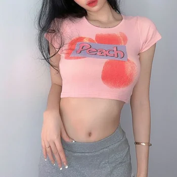 Letné Womenshort T-shirt kórejské Oblečenie Nové Tees List Grafické Módy Základné Sexy Krátky Rukáv Pikantné Dievča Slim Plodín Topy 2023