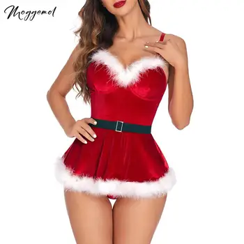 Ženy 3ks Sexy Vianočné Šaty, Kostým Santa Claus V Krku bez Rukávov Pierko Výbava Velvet Mini Šaty s Nohavičky a bedrový Pás
