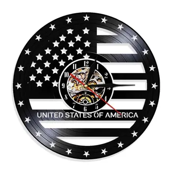 USA Vlajka Deň Nezávislosti Hodiny Ročníka Art Dekoratívne Nástenné Hodiny Vinyl Nočného Hodiny v Pohode Obývacia Izba Dekor Interiéru