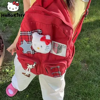 Sanrio Červená Hello Kitty Plátno Taška Vintage Trend Star Batohy Y2k Študent Amercian Štýl Aktovka Ženy Módna Taška Cez Rameno