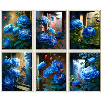 CHENISTORY Maľby Číslo Modrý Kvet Kresba Na Plátne HandPainted Umenie Darček DIY Obrázok Podľa Počtu Pony Súpravy Domova