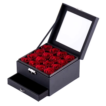 Každá Láska Navždy Večný Longlife Nikdy Ochrnutú 16 Červené Konzervované Ruží V Kožené Šperky Box Pre Dievča Priateľovi