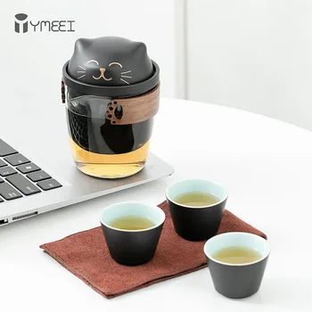 YMEEI Tvorivé Čaj Nastaviť Prenosné Sklo Keramika Jednoduchý Kung Fu Čaj Hrniec S 3 Šálky Cute Cat Vonkajšie Cestovné Teaware Dary
