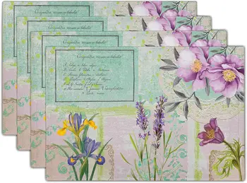 Fialové Kvety Placemat Sada 4 Vintage Bielizeň Prestieranie pre Jedálenský Stôl Nastaviť Non-Slip Umývateľný Tabuľka Miesto Rohože Dekor