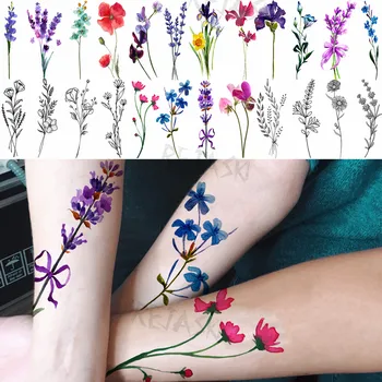 3D Farebné Levanduľa Kvitne Dočasné Tetovanie Pre Ženy, Dospelých Pivónia Narcis, Hyacint Falošné Tetovanie Nepremokavé Body Art Tetovanie