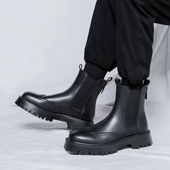 Pánske Chelsea boots anglický štýl čierne topánky hrubé-soled platformu Vyrezávané Brock členková obuv Bežné čierne vysoké top topánky M1076