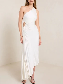 Elegantné Party Šaty Pre Ženy 2023 Ruched Skladaný Rameno Šaty Bez Rukávov Satin Asymetrický Strane Výrez Biele Večerné Šaty