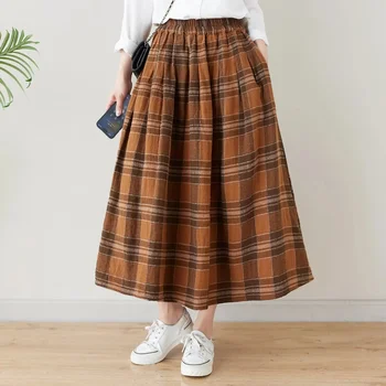 Dlhé Kockované Sukni, Ženy, Jeseň, Zima Japonskej Módy Vysoký Pás A-line Kockovaná Midi Sukne Y2k Vintage Oblečenie