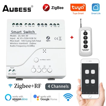 Aubess Zigbee Smart Switch RF433 4CH Smart Switch 10A Tuya Smart Home Relé Modul Hlasového Ovládania Práce S Alexa Domovská stránka Google