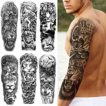 Black Lion King Dočasné Tetovanie Rukávom Pre Mužov, Ženy Falošné Výstroj Tiger Plný Arm Tattoo Nálepky Realistické Zvierat Tetovanie Nepremokavé